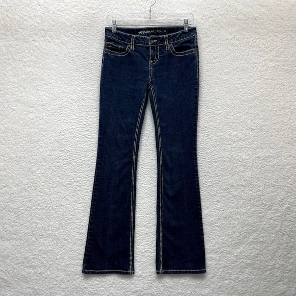 Y2K 2000s Low Rise Bootcut Flare Jeans Womens 6 27 Dark Wash Contrast Stitching - Picture 1 of 9